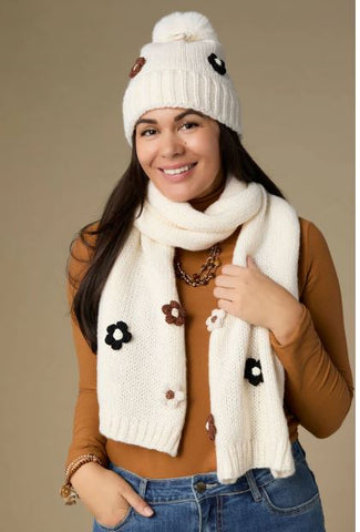 Flower Embellished Knit Hat - Winter White TGB Brands