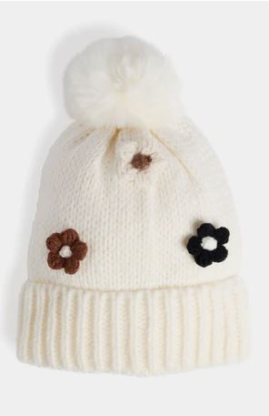 Flower Embellished Knit Hat - Winter White TGB Brands