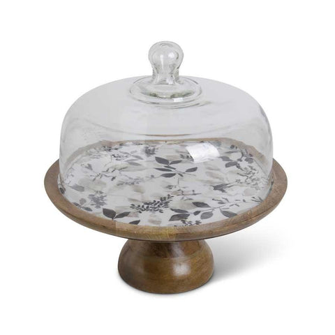 12.75 Inch Wooden Cake Stand with Black & Gray Botanical Enamel - Treehouse Gift & Home
