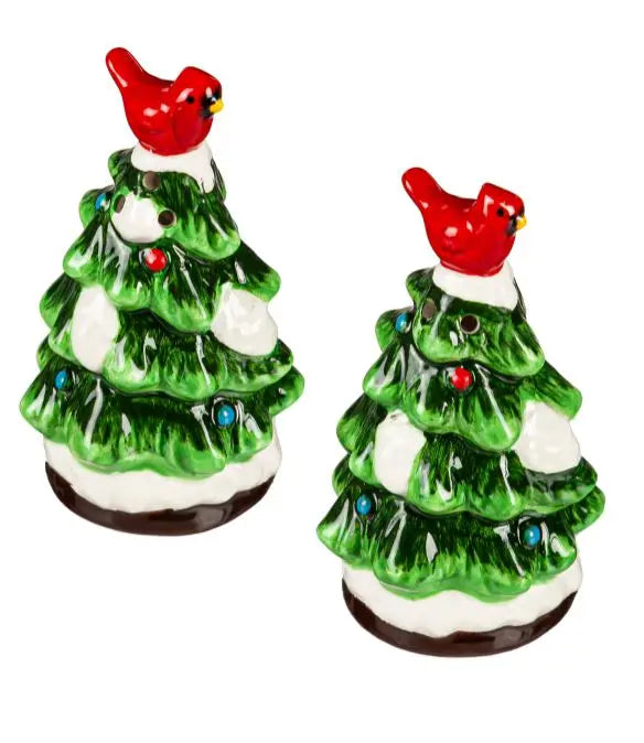 Ceramic Christmas Tree with Cardinal Salt and Pepper Treehouse Gift