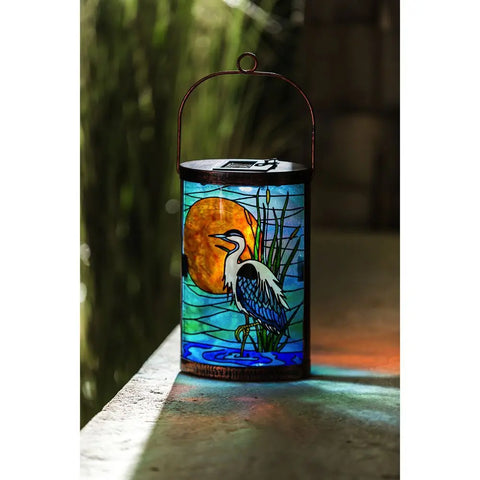 Handpainted Solar Glass Lantern, Blue Heron Evergreen Enterprises