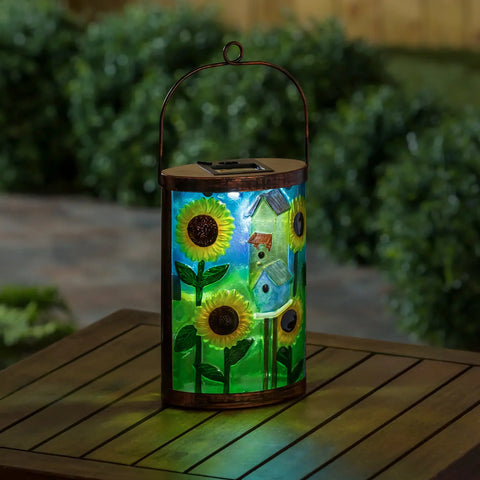 Handpainted Solar Glass Lantern, Cottage Bird House Evergreen Enterprises