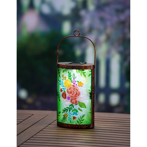 Handpainted Solar Glass Lantern, Floral Essence Evergreen Enterprises