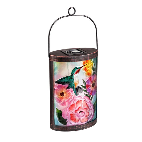 Handpainted Solar Glass Lantern, Floral Hummingbird Evergreen Enterprises