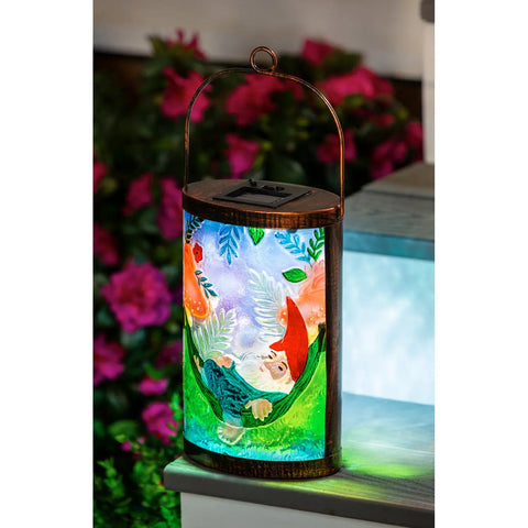 Handpainted Solar Glass Lantern, Peaceful Gnome Evergreen Enterprises