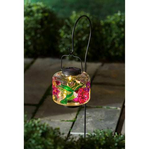Solar Glass Lantern with Hummingbird Art Evergreen Enterprises