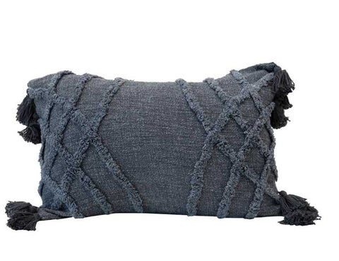 Stonewashed Cotton Blend Slub Pillow w/ Tufted Pattern & Tassels Creative Co-Op